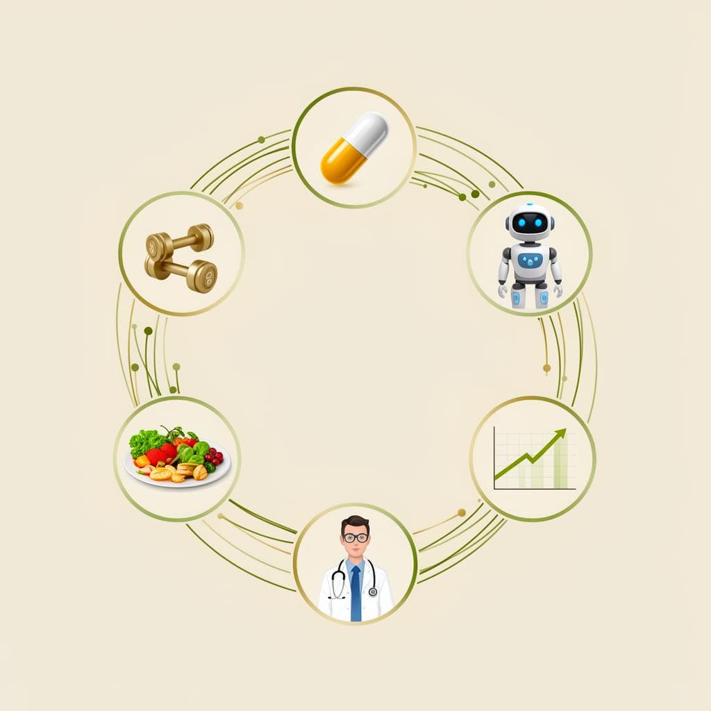 MetaFit ecosystem diagram connecting medication, AI coach, nutrition, exercise, doctor support, and progress tracking