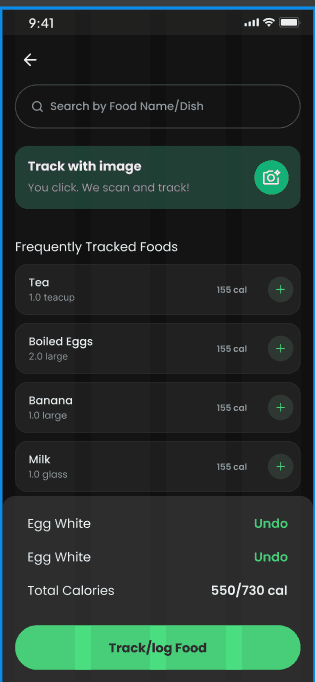MetaFit Food Tracking screen