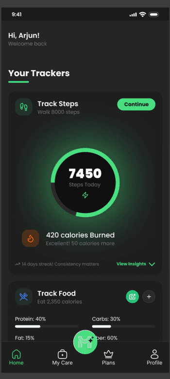MetaFit Dashboard screen