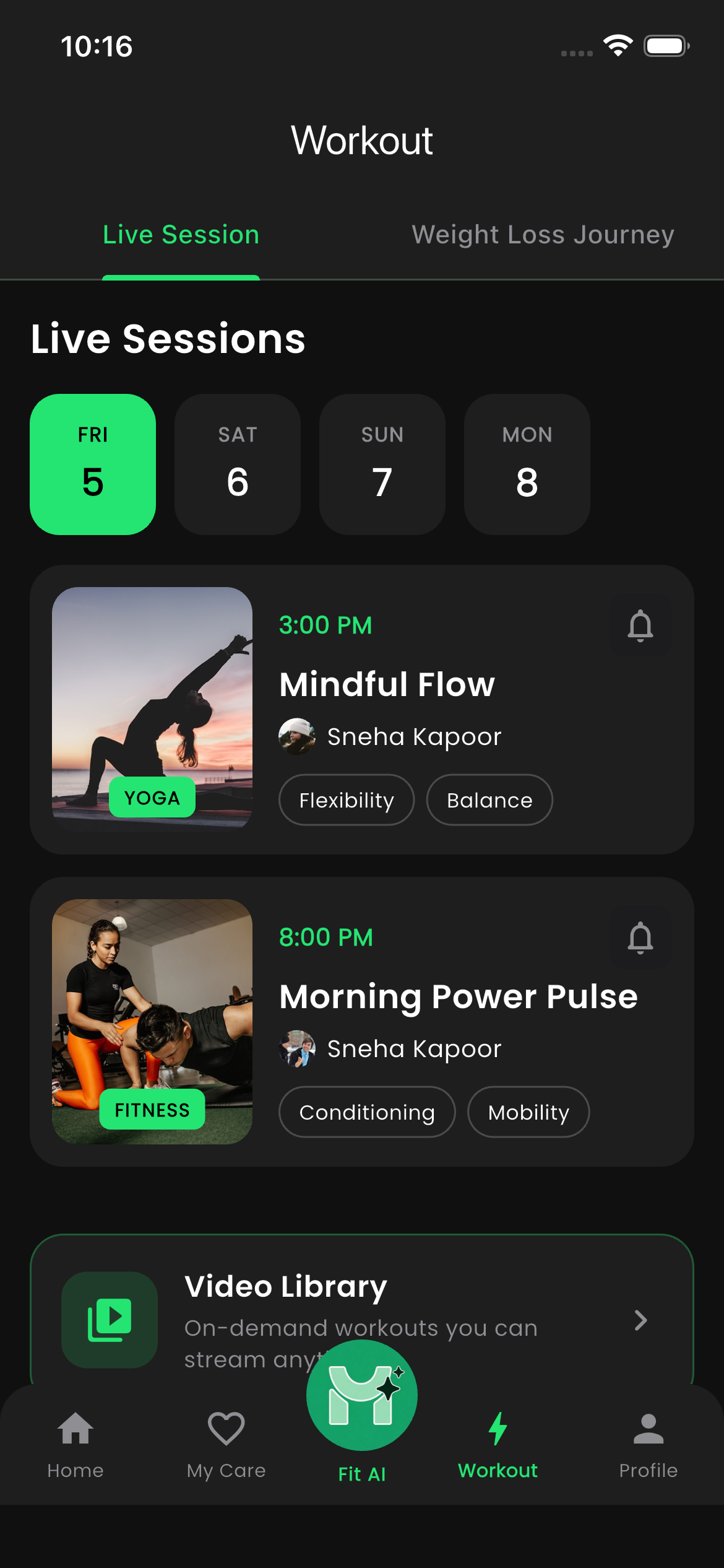 Live workouts and video library